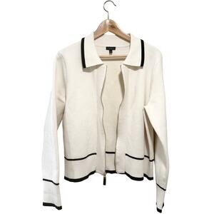 Talbots Ivory Zip Front Sweater Jacket Women L Gold Zipper Collared Heavy Knit